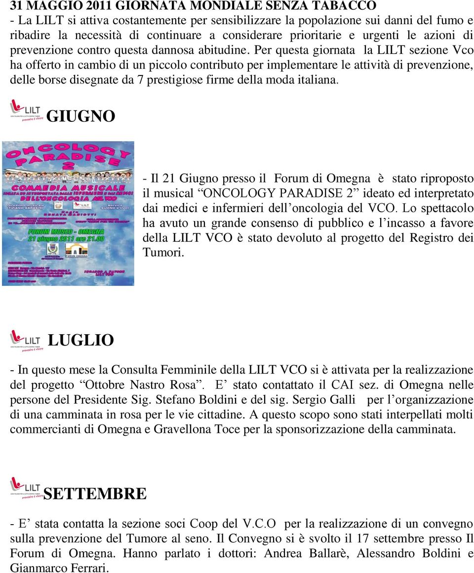 Per questa giornata la LILT sezione Vco ha offerto in cambio di un piccolo contributo per implementare le attività di prevenzione, delle borse disegnate da 7 prestigiose firme della moda italiana.