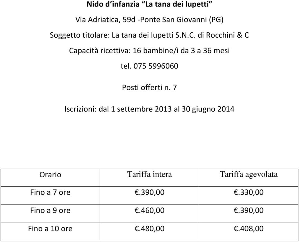 di Rocchini & C Capacità ricettiva: 16 bambine/i da 3 a 36 mesi tel.