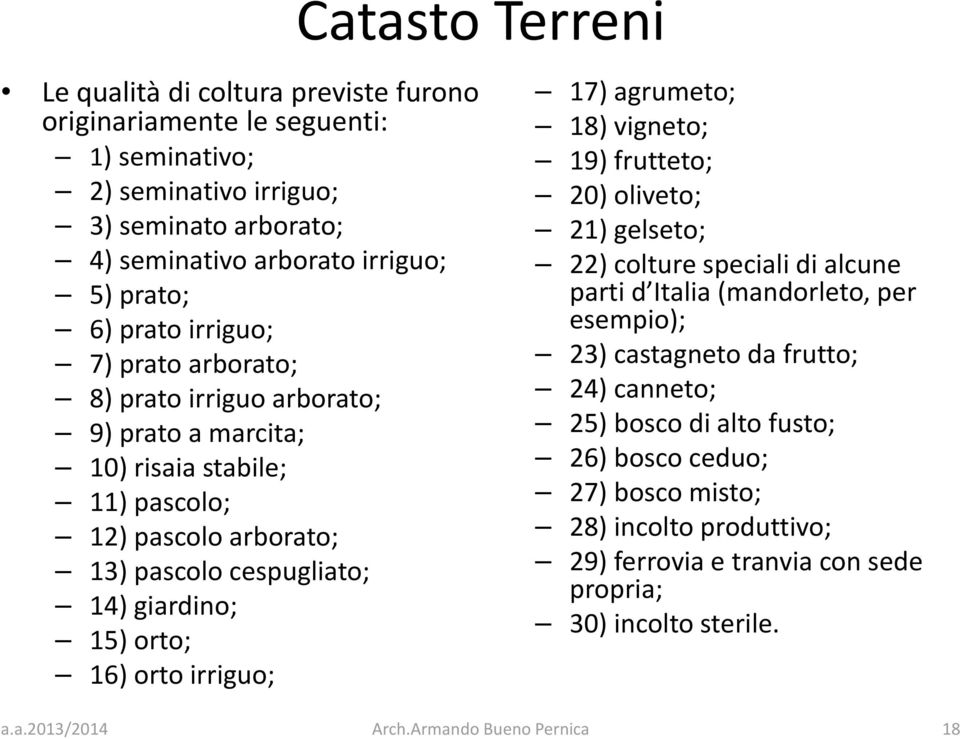 giardino; 15) orto; 16) orto irriguo; 17) agrumeto; 18) vigneto; 19) frutteto; 20) oliveto; 21) gelseto; 22) colture speciali di alcune parti d Italia (mandorleto, per esempio);