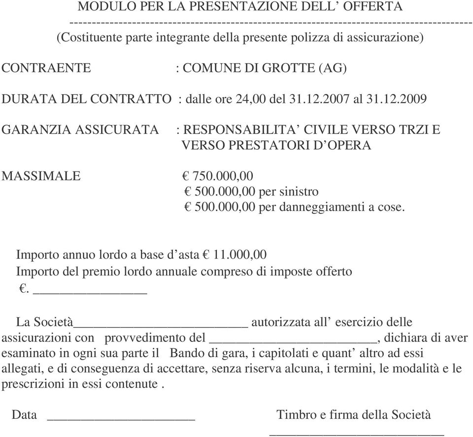 000,00 500.000,00 per sinistro 500.000,00 per danneggiamenti a cose. Importo annuo lordo a base d asta 11.000,00 Importo del premio lordo annuale compreso di imposte offerto.