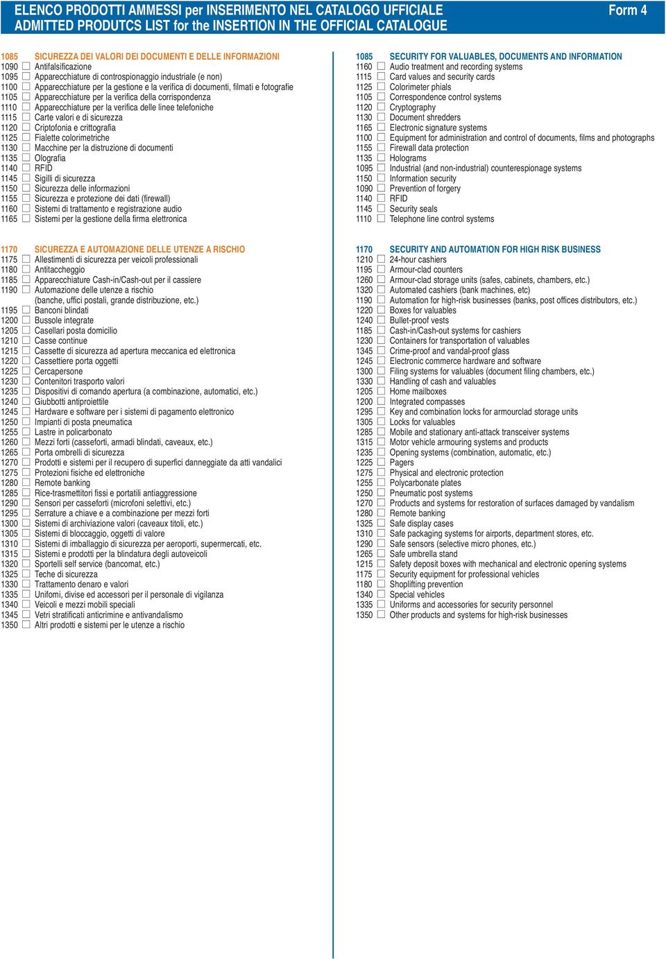 verifica della corrispondenza 1110 Apparecchiature per la verifica delle linee telefoniche 1115 Carte valori e di sicurezza 1120 Criptofonia e crittografia 1125 Fialette colorimetriche 1130 Macchine