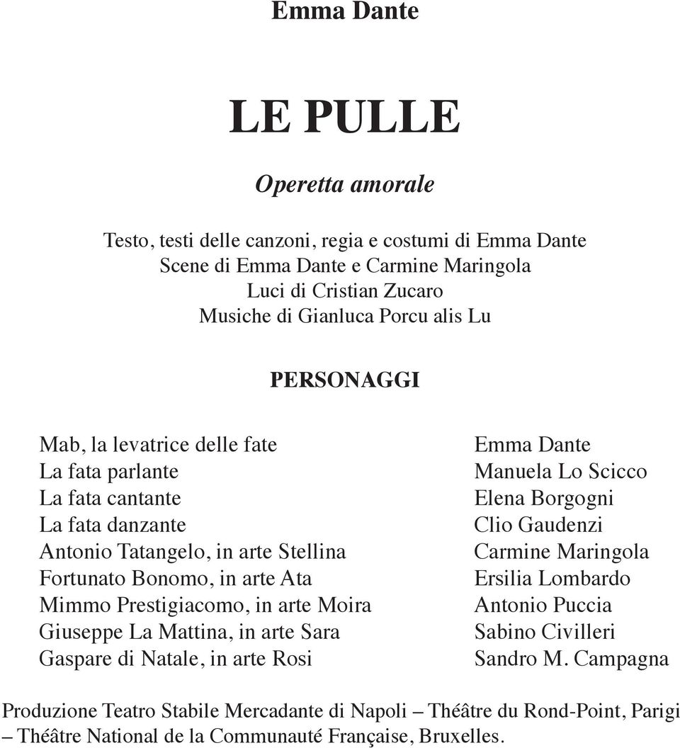 Prestigiacomo, in arte Moira Giuseppe La Mattina, in arte Sara Gaspare di Natale, in arte Rosi Emma Dante Manuela Lo Scicco Elena Borgogni Clio Gaudenzi Carmine Maringola Ersilia