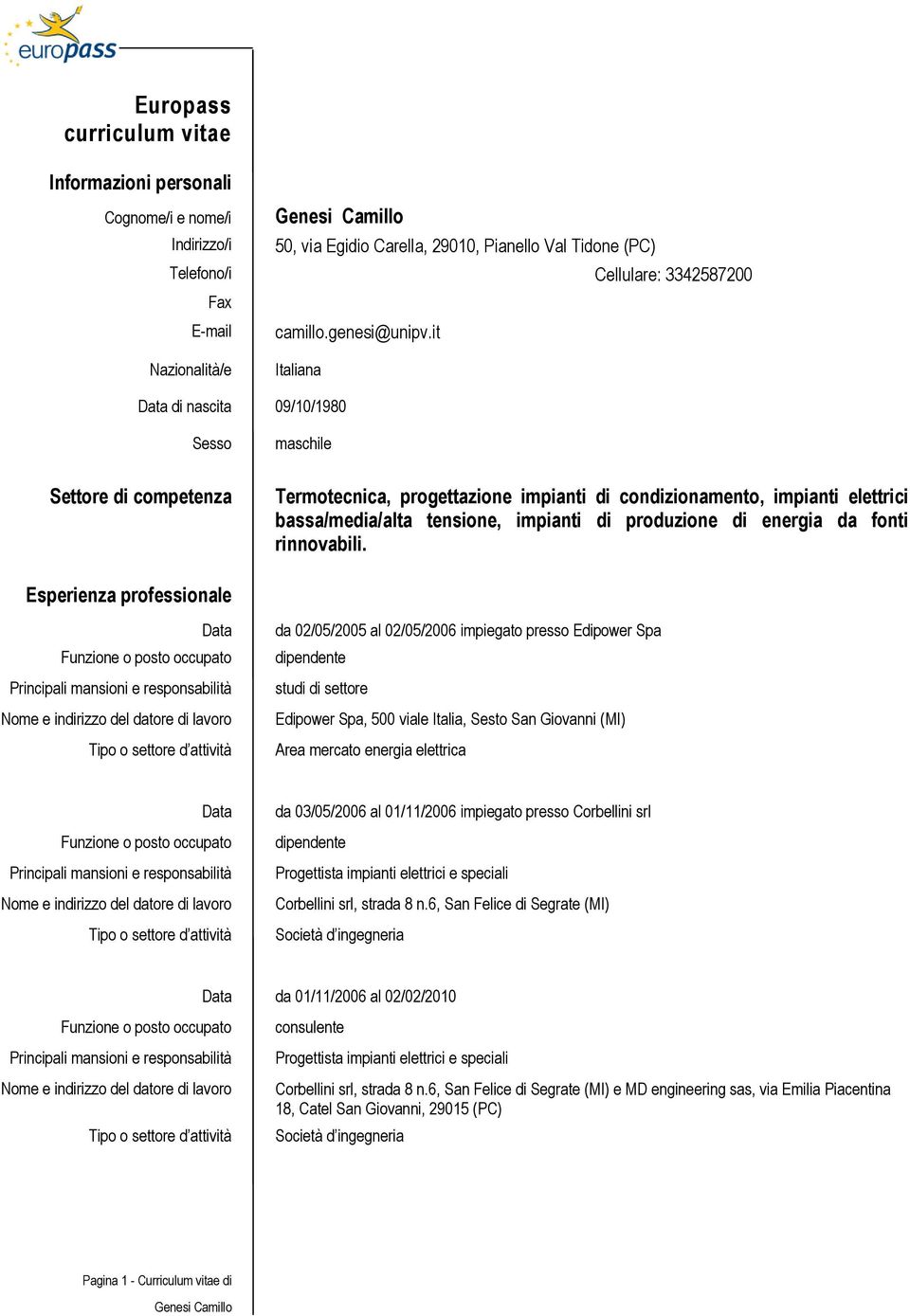 it Nazionalità/e Italiana Data di nascita 09/10/1980 Sesso maschile Settore di competenza Termotecnica, progettazione impianti di condizionamento, impianti elettrici bassa/media/alta tensione,