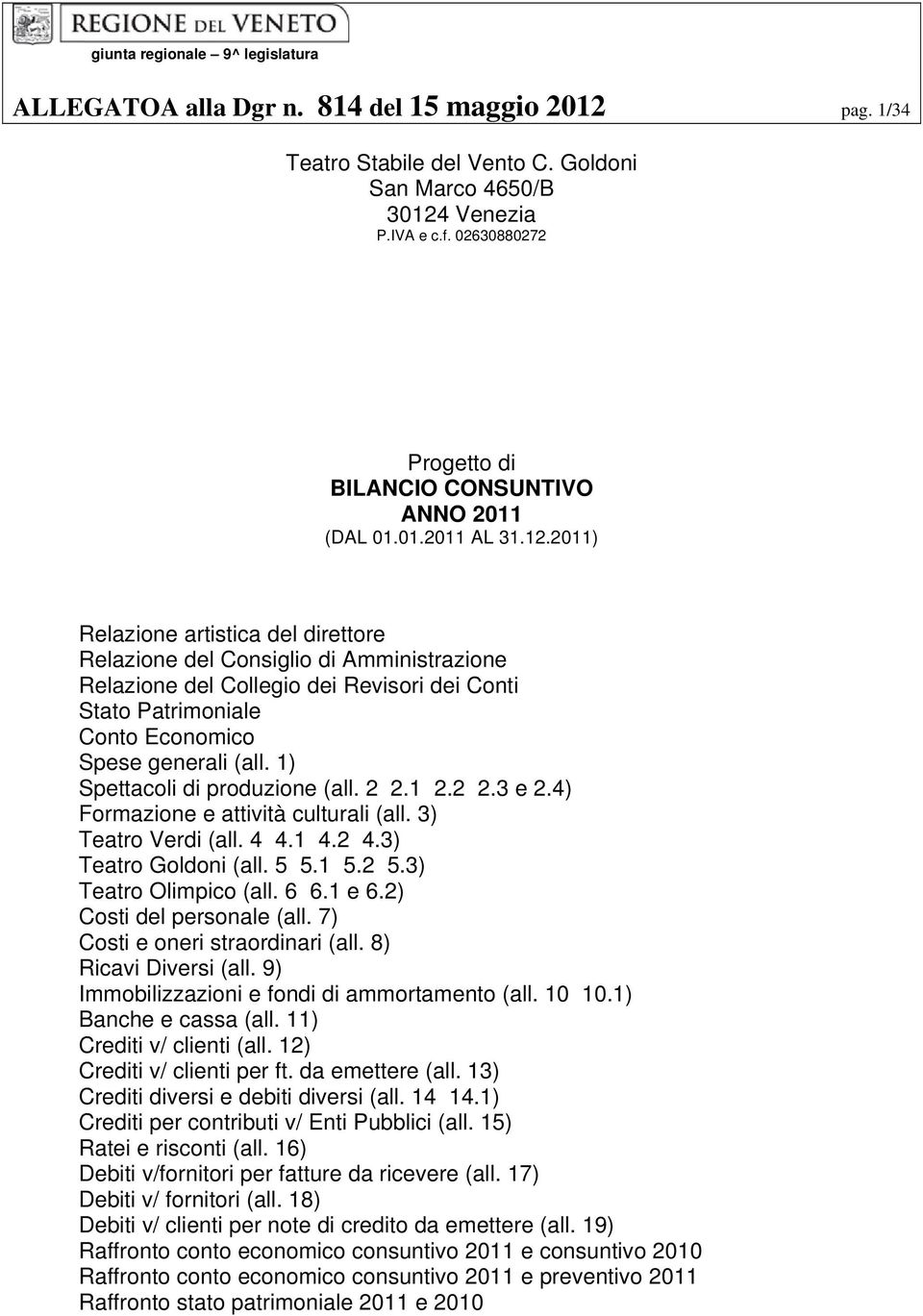 2011) Relazione artistica del direttore Relazione del Consiglio di Amministrazione Relazione del Collegio dei Revisori dei Conti Stato Patrimoniale Conto Economico Spese generali (all.