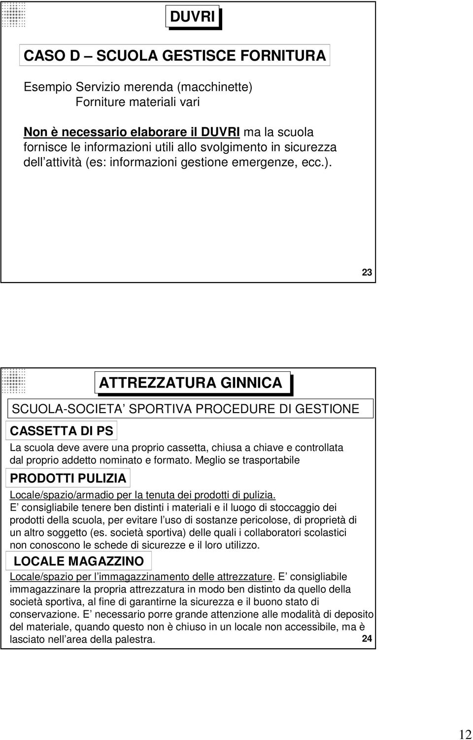 23 ATTREZZATURA GINNICA SCUOLA-SOCIETA SPORTIVA PROCEDURE DI GESTIONE CASSETTA DI PS La scuola deve avere una proprio cassetta, chiusa a chiave e controllata dal proprio addetto nominato e formato.