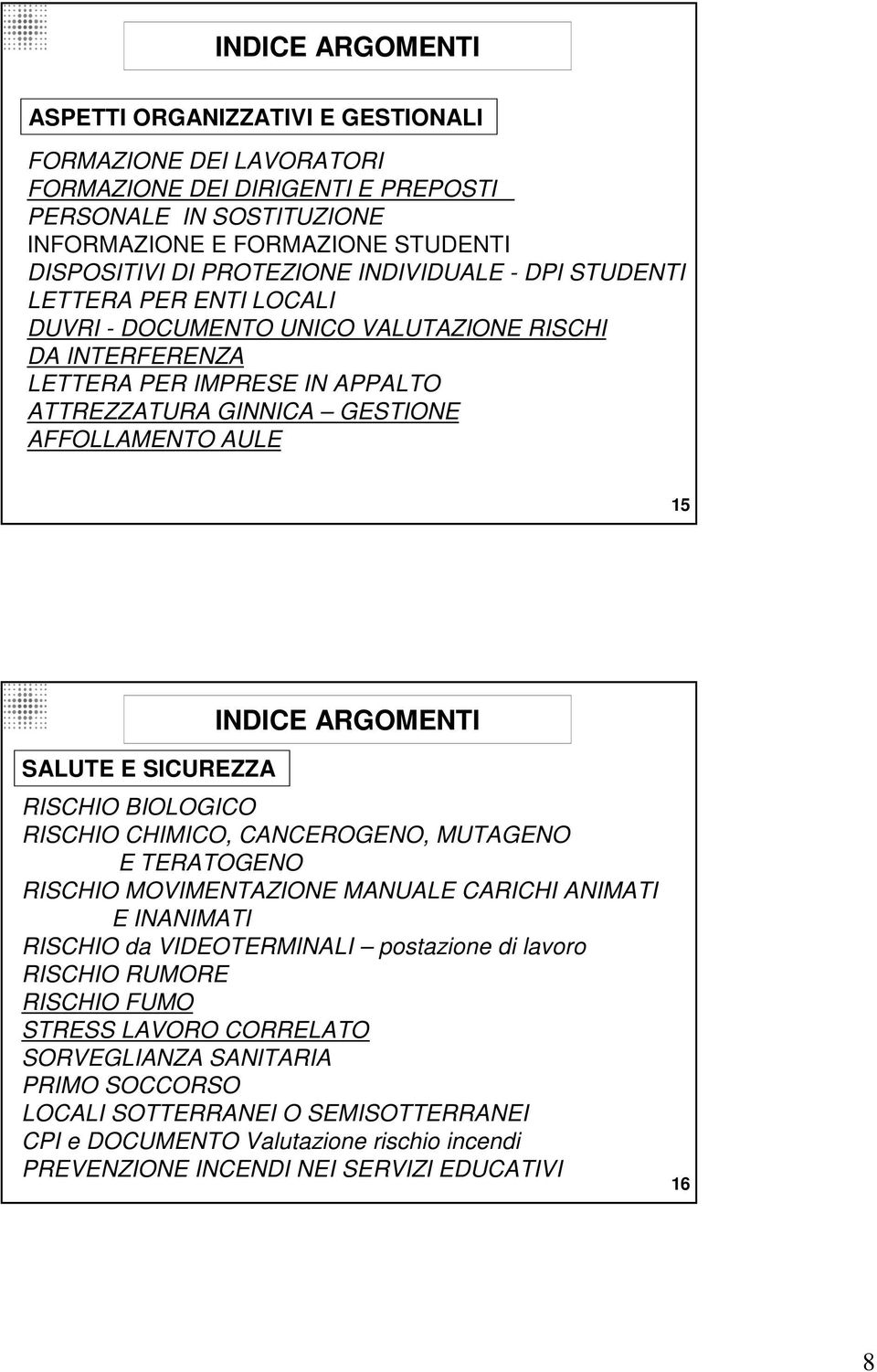 15 INDICE ARGOMENTI SALUTE E SICUREZZA RISCHIO BIOLOGICO RISCHIO CHIMICO, CANCEROGENO, MUTAGENO E TERATOGENO RISCHIO MOVIMENTAZIONE MANUALE CARICHI ANIMATI E INANIMATI RISCHIO da VIDEOTERMINALI