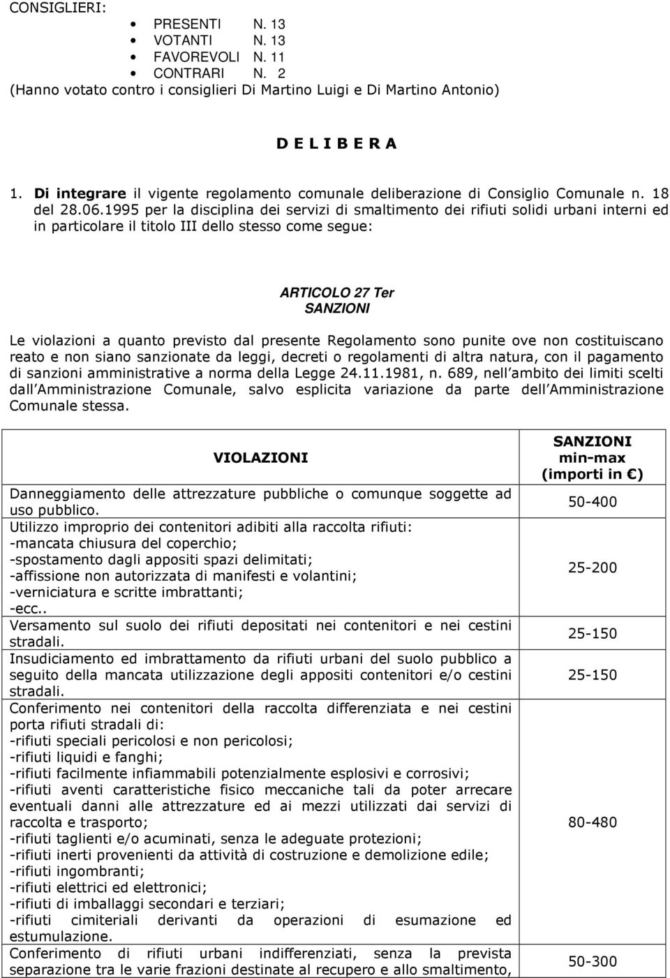 1995 per la disciplina dei servizi di smaltimento dei rifiuti solidi urbani interni ed in particolare il titolo III dello stesso come segue: ARTICOLO 27 Ter SANZIONI Le violazioni a quanto previsto