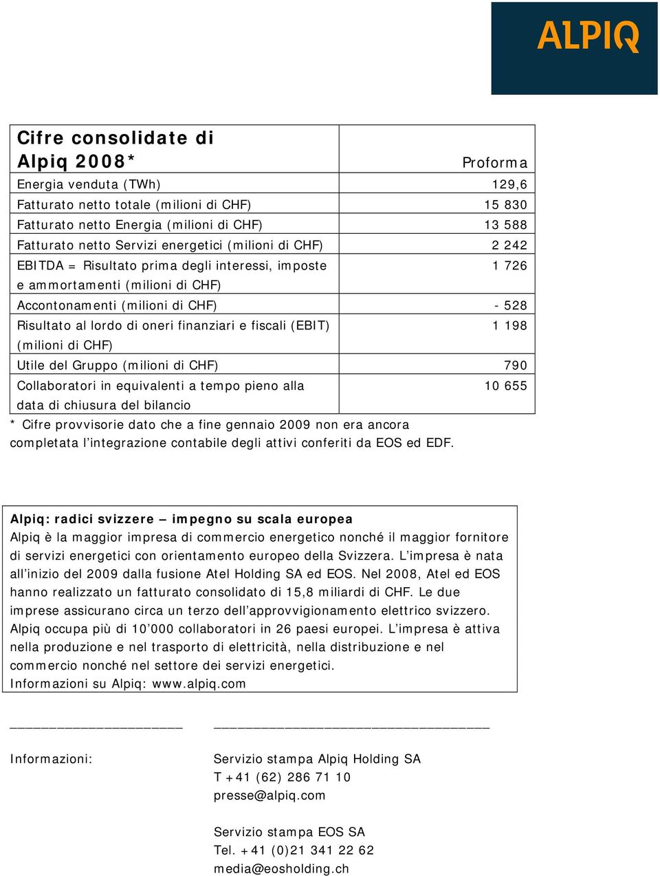 (EBIT) (milioni di CHF) 1 198 Utile del Gruppo (milioni di CHF) 790 Collaboratori in equivalenti a tempo pieno alla data di chiusura del bilancio * Cifre provvisorie dato che a fine gennaio 2009 non