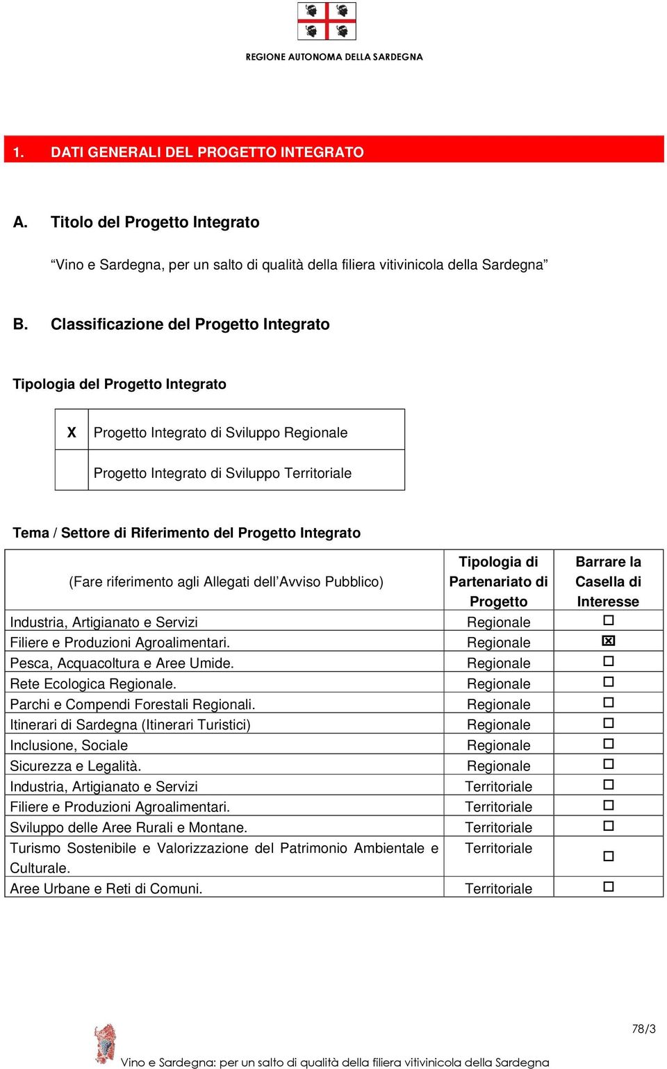 Progetto Integrato (Fare riferimento agli Allegati dell Avviso Pubblico) Tipologia di Partenariato di Progetto Barrare la Casella di Interesse Industria, Artigianato e Servizi Regionale Filiere e