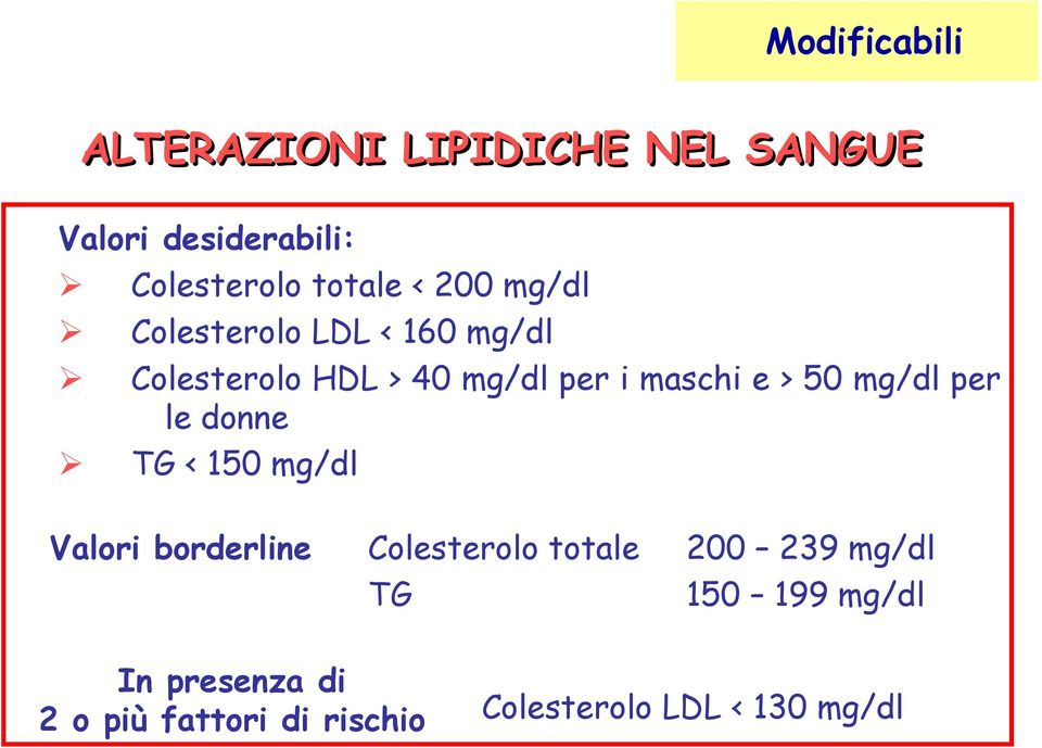 50 mg/dl per le donne TG < 150 mg/dl Valori borderline Colesterolo totale 200 239