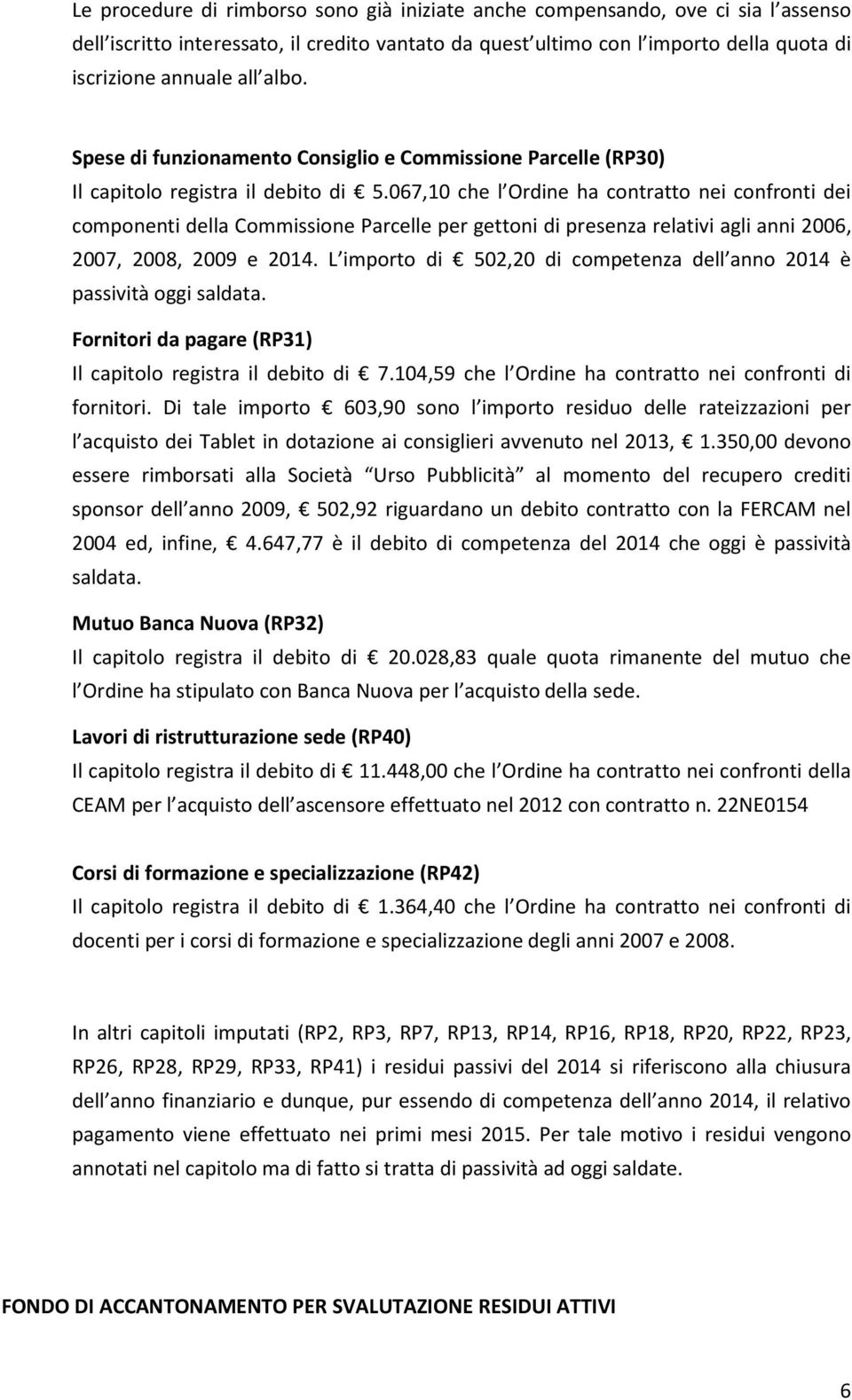 067,10 che l Ordine ha contratto nei confronti dei componenti della Commissione Parcelle per gettoni di presenza relativi agli anni 2006, 2007, 2008, 2009 e 2014.