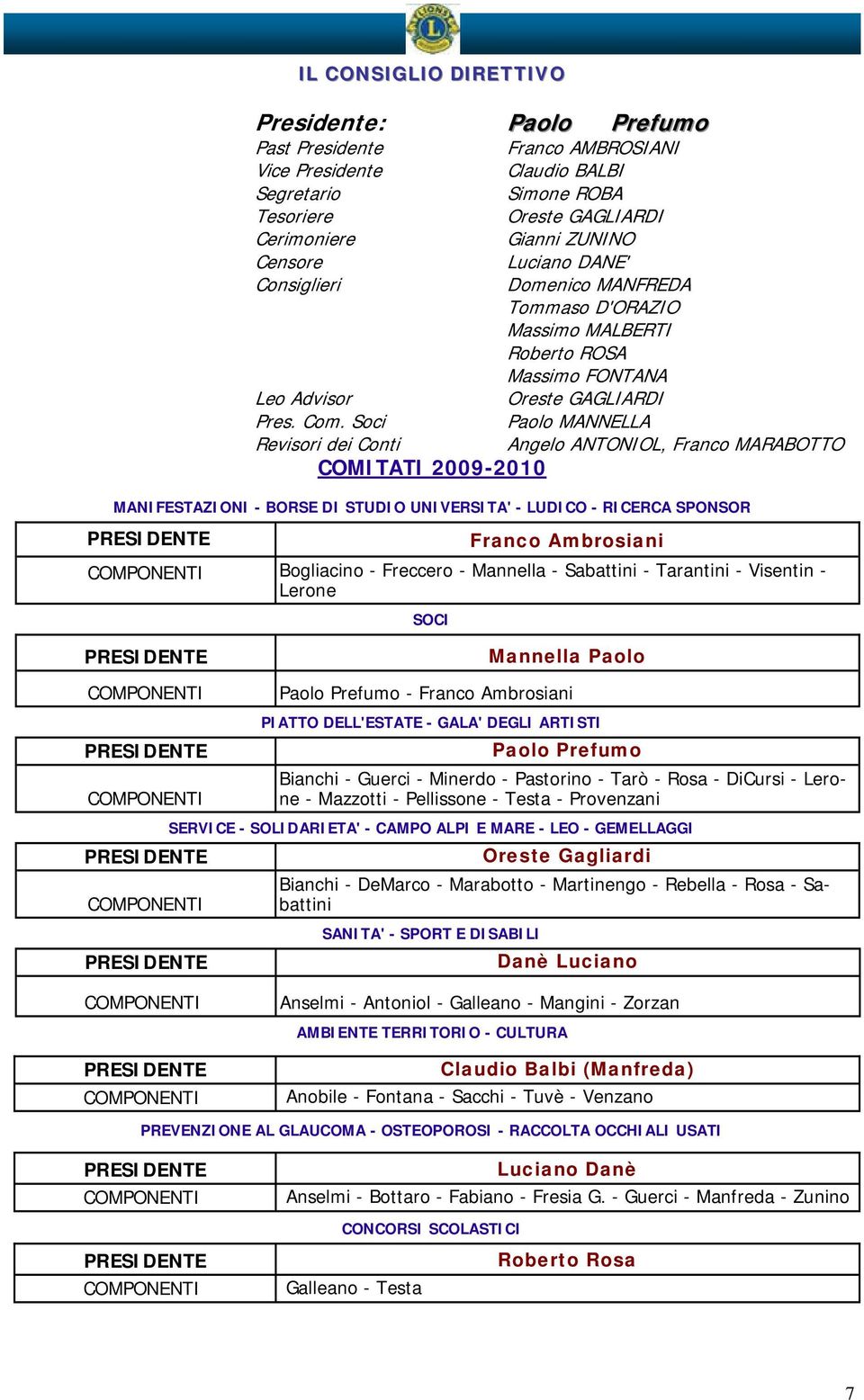 Soci Paolo MANNELLA Revisori dei Conti Angelo ANTONIOL, Franco MARABOTTO COMITATI 2009-2010 MANIFESTAZIONI - BORSE DI STUDIO UNIVERSITA' - LUDICO - RICERCA SPONSOR Franco Ambrosiani Bogliacino -