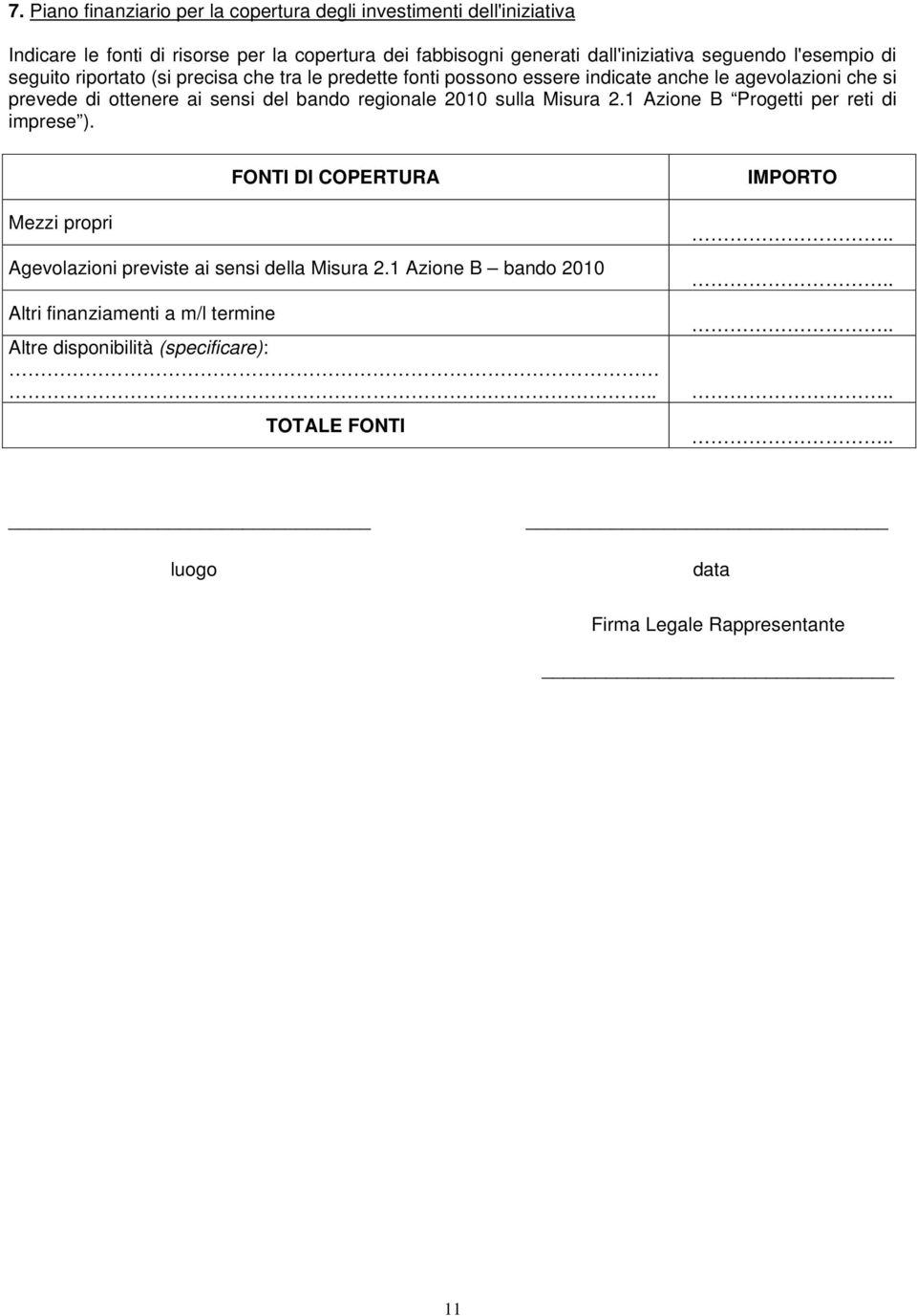 del bando regionale 2010 sulla Misura 2.1 Azione B Progetti per reti di imprese ). Mezzi propri FONTI DI COPERTURA Agevolazioni previste ai sensi della Misura 2.