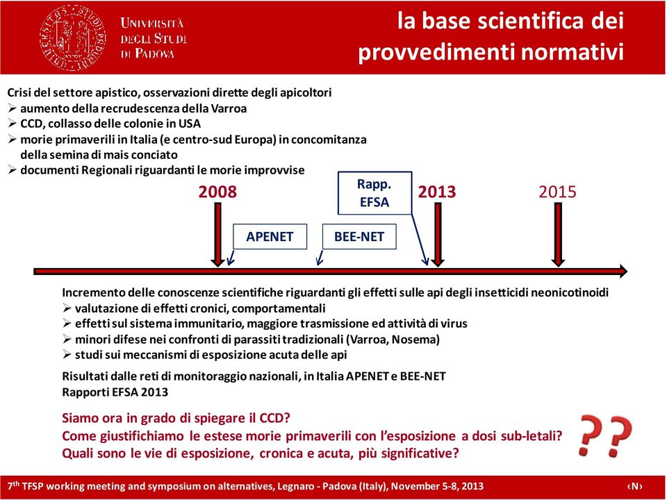 EFSA la base scientifica dei provvedimenti normativi 2008 2013 2015 APENET BEE-NET Incremento delle conoscenze scientifiche riguardanti gli effetti sulle api degli insetticidi neonicotinoidi