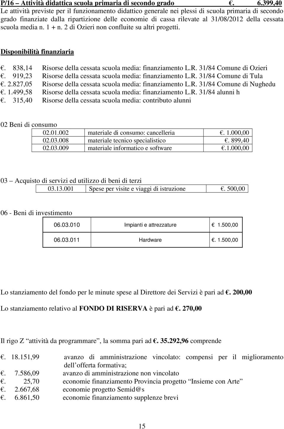 cessata scuola media n. 1 + n. 2 di Ozieri non confluite su altri progetti.. 838,14 Risorse della cessata scuola media: finanziamento L.R. 31/84 Comune di Ozieri.