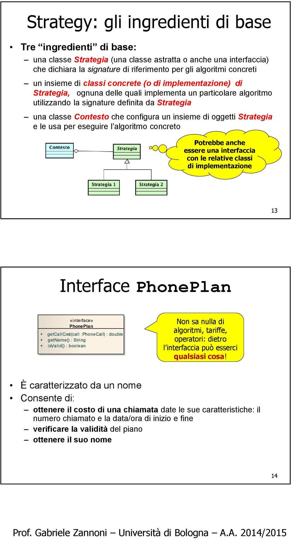 un insieme di oggetti Strategia e le usa per eseguire l algoritmo concreto Potrebbe anche essere una interfaccia con le relative classi di implementazione 13 Interface PhonePlan class plans