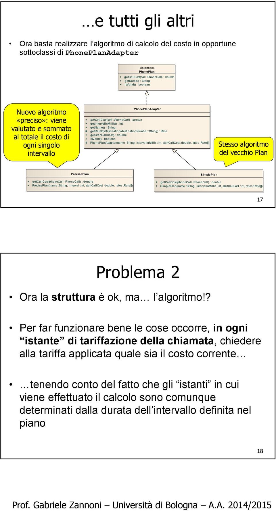 getratebydestination(destinationnumber :String) : Rate + getstartcallcost() : double # PhonePlanAdapter(name :String, intervalinmillis :int, startcallcost :double, rates :Rate[]) Stesso algoritmo del