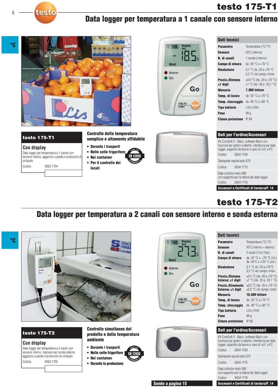 800 letture da -35 a +70 da -40 a +85 Litio (1AA) 90 g IP 68 testo 175-T1 Con display Data logger per temperatura a 1 canale con sensore interno, aggancio a parete e protocollo di collaudo Codice