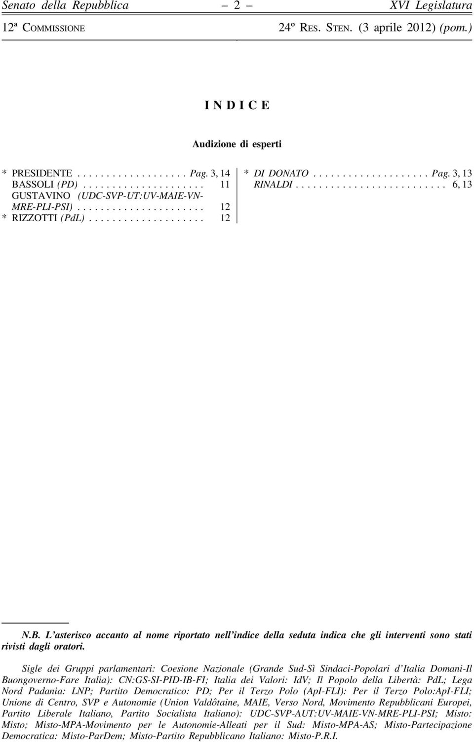 PdL; Lega Nord Padania: LNP; Partito Democratico: PD; Per il Terzo Polo (ApI-FLI): Per il Terzo Polo:ApI-FLI; Unione di Centro, SVP e Autonomie (Union Valdôtaine, MAIE, Verso Nord, Movimento