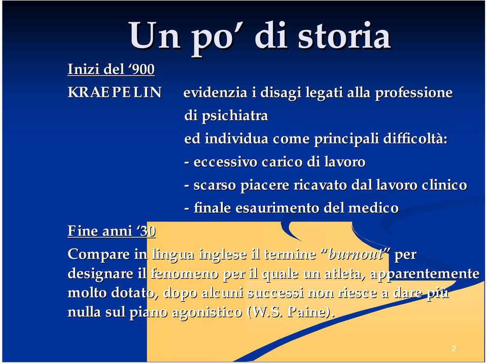 esaurimento del medico Fine anni 30 Compare in lingua inglese il termine burnout per designare il fenomeno per il