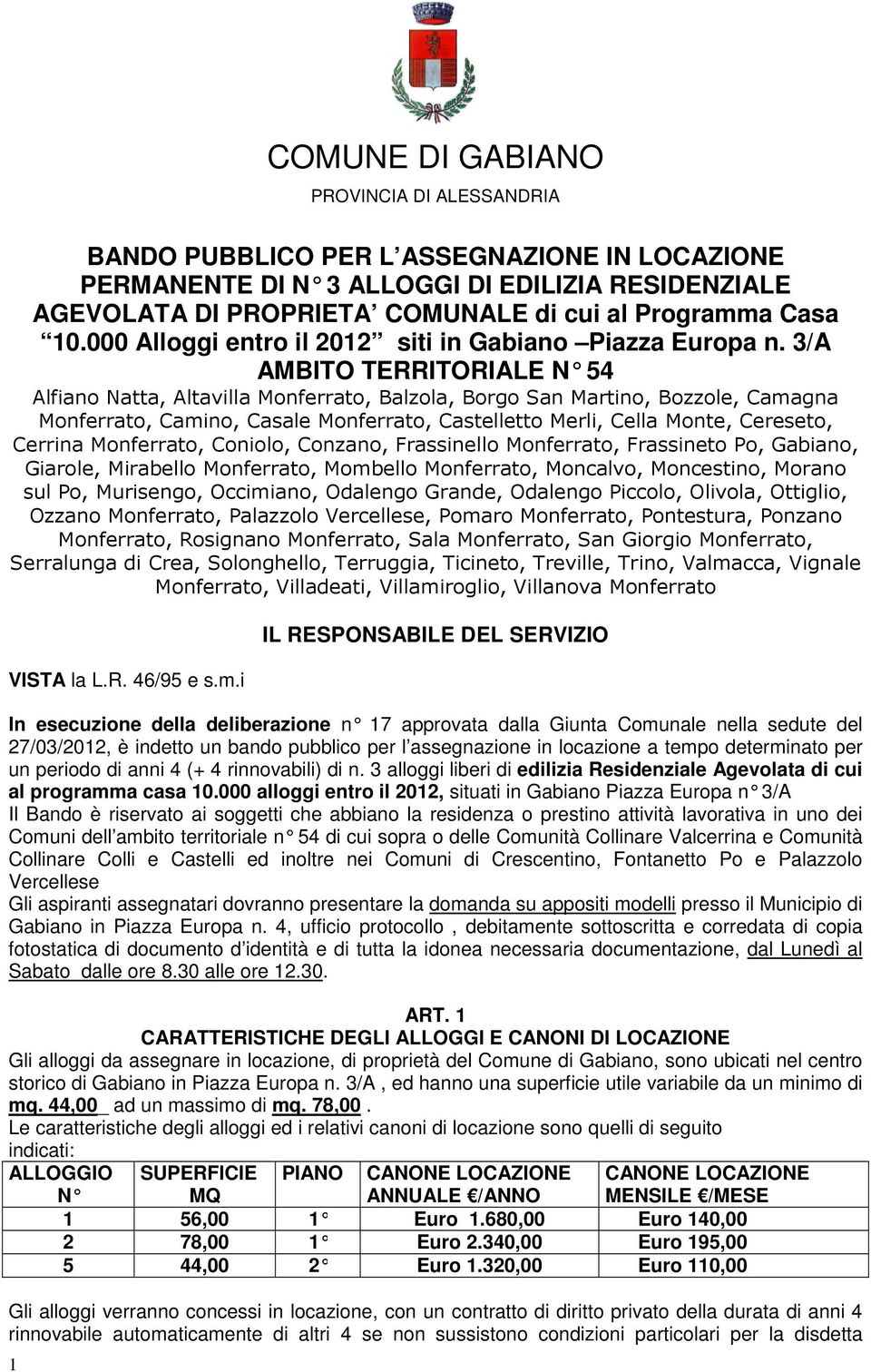 3/A AMBITO TERRITORIALE N 54 Alfiano Natta, Altavilla Monferrato, Balzola, Borgo San Martino, Bozzole, Camagna Monferrato, Camino, Casale Monferrato, Castelletto Merli, Cella Monte, Cereseto, Cerrina