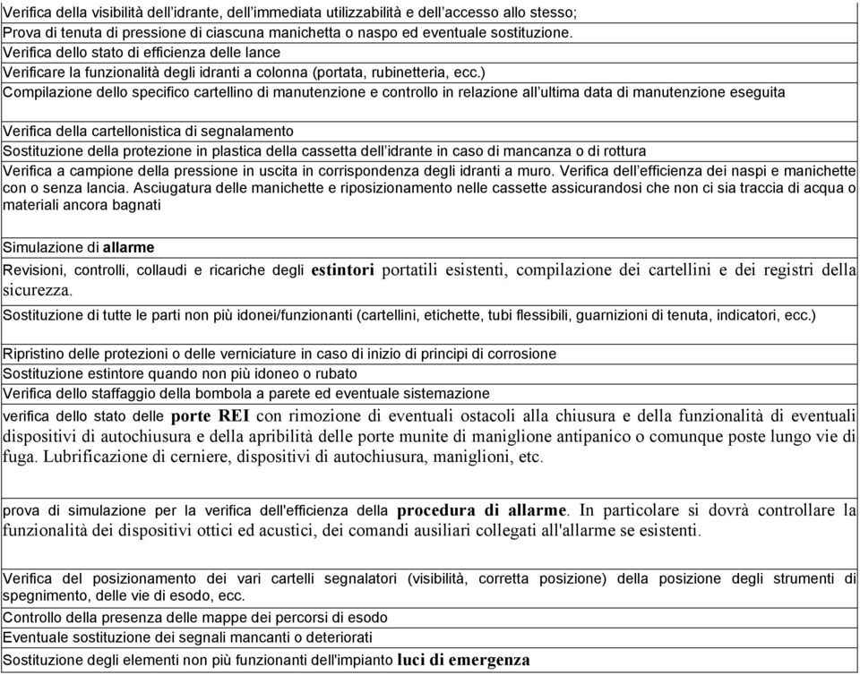 ) Compilazione dello specifico cartellino di manutenzione e controllo in relazione all ultima data di manutenzione eseguita Verifica della cartellonistica di segnalamento Sostituzione della