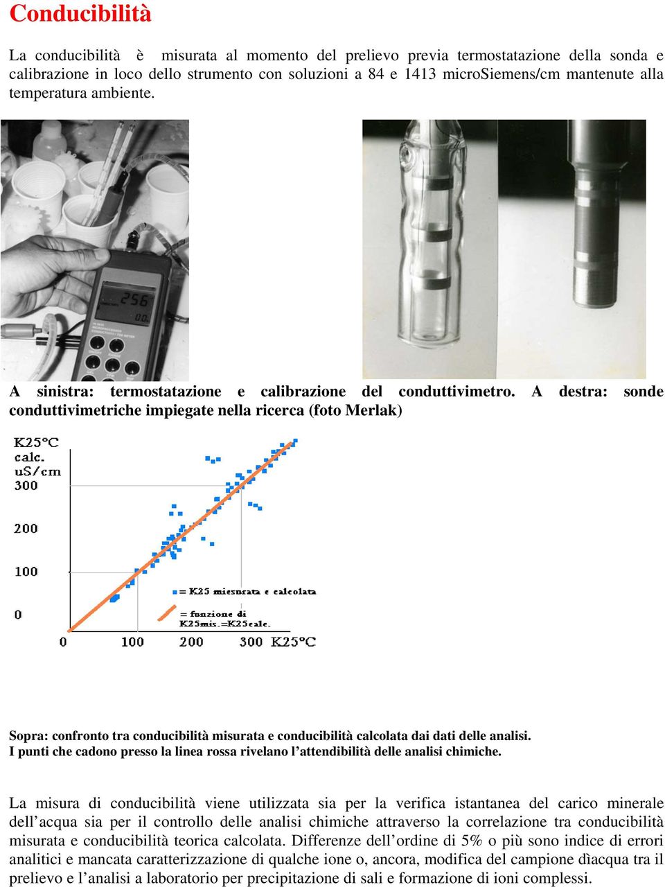 A destra: sonde conduttivimetriche impiegate nella ricerca (foto Merlak) Sopra: confronto tra conducibilità misurata e conducibilità calcolata dai dati delle analisi.