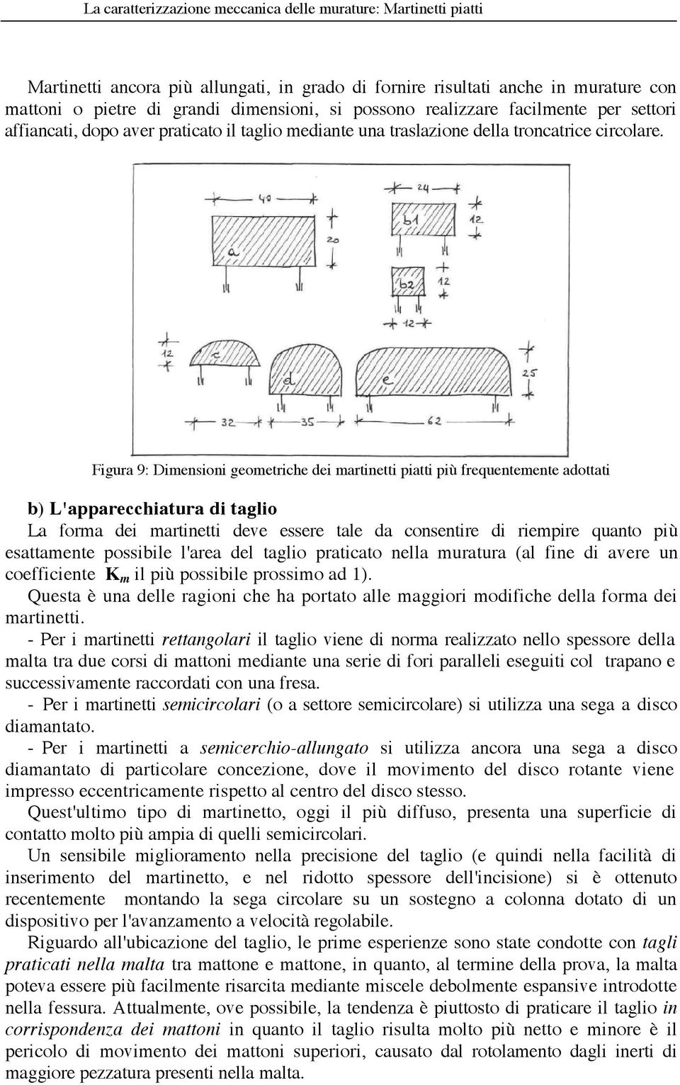 Figura 9: Dimensioni geometriche dei martinetti piatti più frequentemente adottati b) L'apparecchiatura di taglio La forma dei martinetti deve essere tale da consentire di riempire quanto più