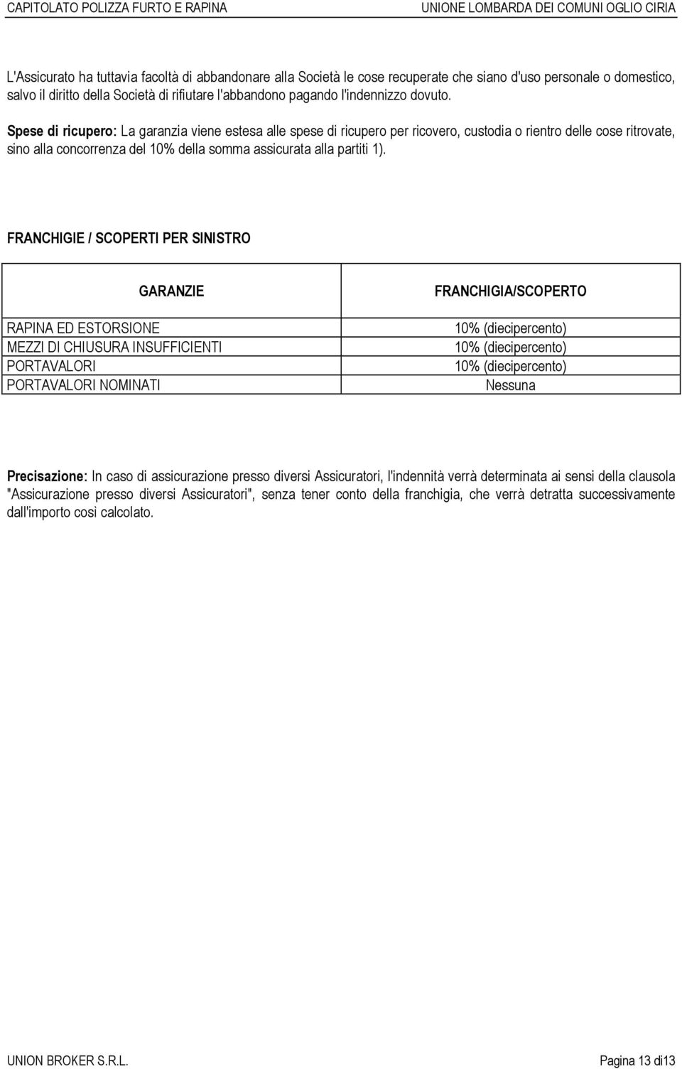 FRANCHIGIE / SCOPERTI PER SINISTRO GARANZIE RAPINA ED ESTORSIONE MEZZI DI CHIUSURA INSUFFICIENTI PORTAVALORI PORTAVALORI NOMINATI FRANCHIGIA/SCOPERTO 10% (diecipercento) 10% (diecipercento) 10%