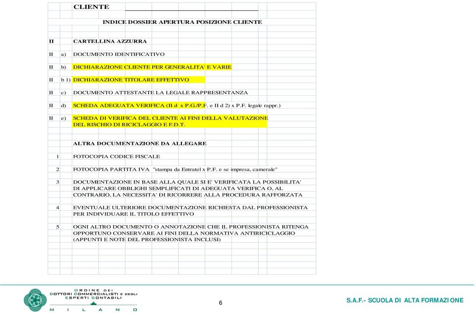 ) II e) SCHEDA DI VERIFICA DEL CLIENTE AI FINI DELLA VALUTAZIONE DEL RISCHIO DI RICICLAGGIO E F.D.T. ALTRA DOCUMENTAZIONE DA ALLEGARE 1 FOTOCOPIA CODICE FISCALE 2 FOTOCOPIA PARTITA IVA "stampa da Entratel x P.