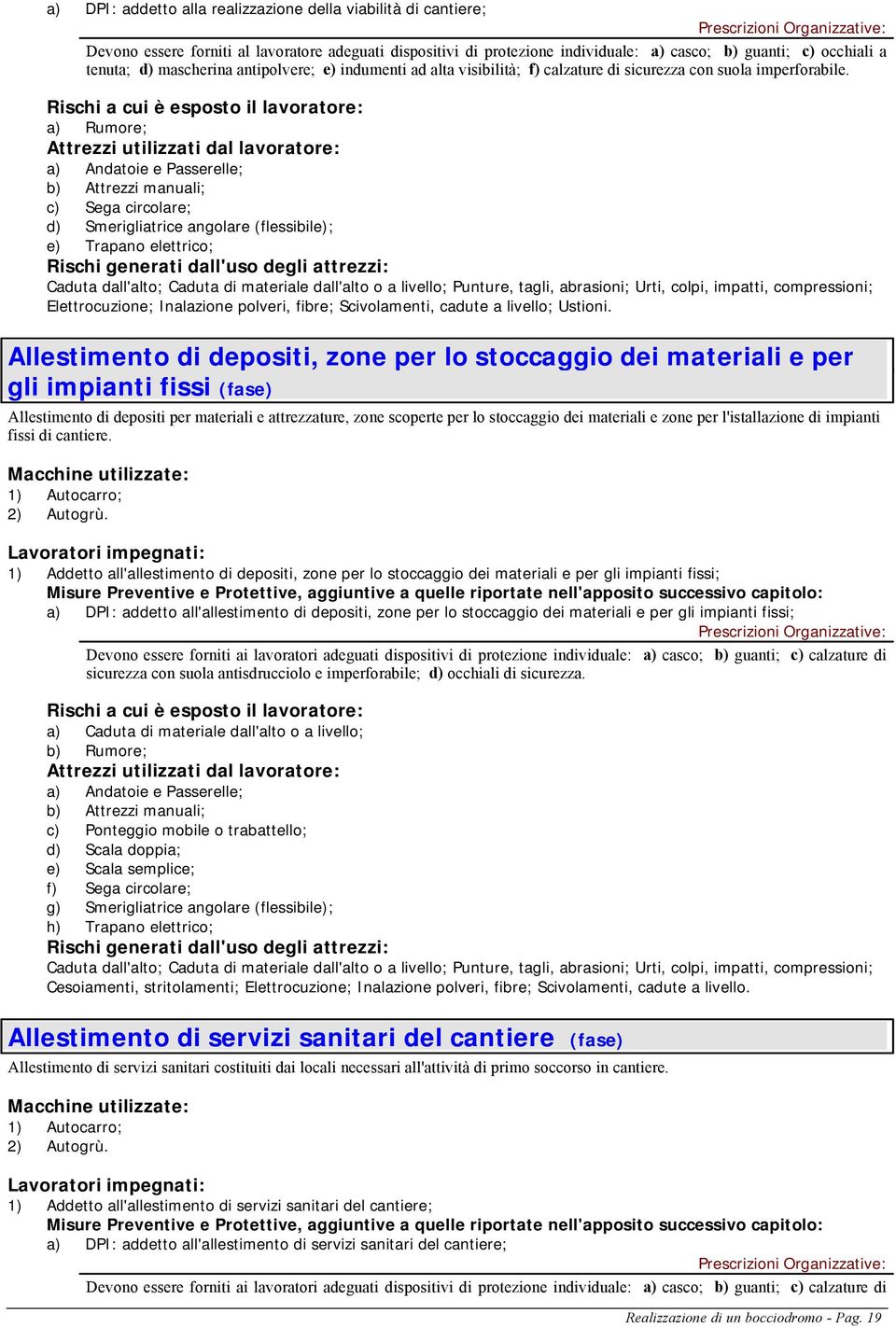 a) Rumore; a) Andatoie e Passerelle; b) Attrezzi manuali; c) Sega circolare; d) Smerigliatrice angolare (flessibile); e) Trapano elettrico; Caduta dall'alto; Caduta di materiale dall'alto o a