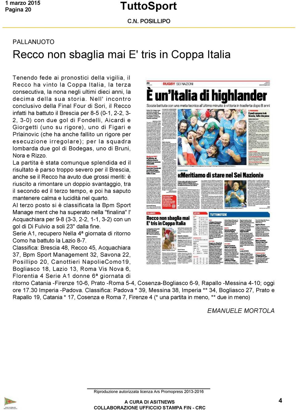 Nell' incontro conclusivo della Final Four di Sori, il Recco infatti ha battuto il Brescia per 8 5 (0 1, 2 2, 3 2, 3 0) con due gol di Fondelli, Aicardi e Giorgetti (uno su rigore), uno di Figari e