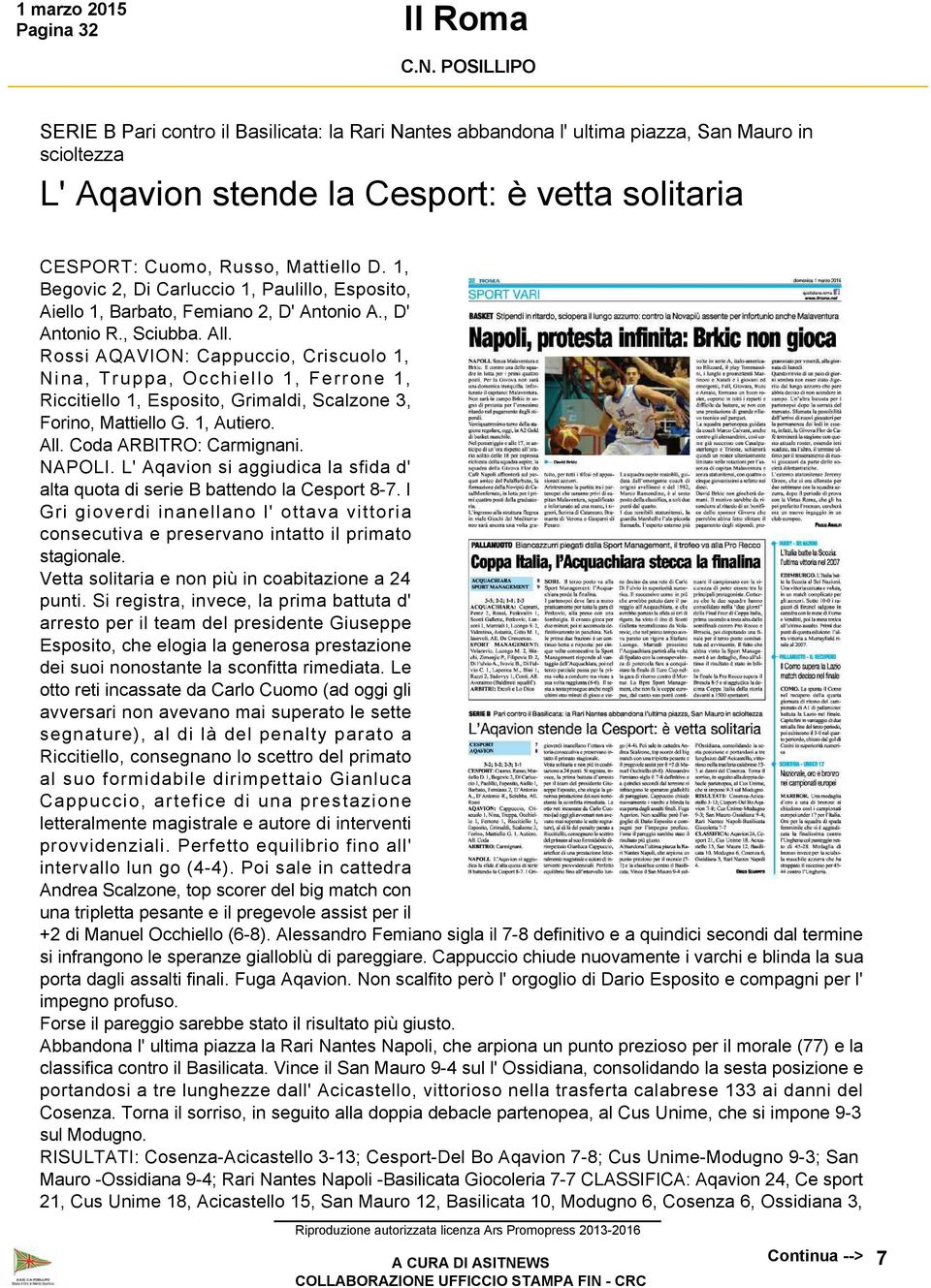 Rossi AQAVION: Cappuccio, Criscuolo 1, Nina, Truppa, Occhiello 1, Ferrone 1, Riccitiello 1, Esposito, Grimaldi, Scalzone 3, Forino, Mattiello G. 1, Autiero. All. Coda ARBITRO: Carmignani. NAPOLI.