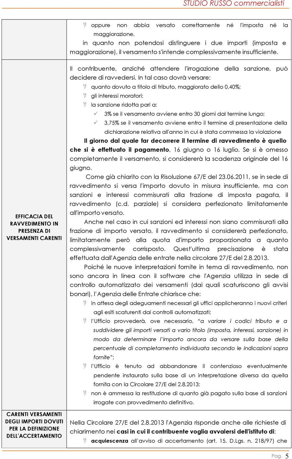 EFFICACIA DEL RAVVEDIMENTO IN PRESENZA DI VERSAMENTI CARENTI CARENTI VERSAMENTI DEGLI IMPORTI DOVUTI PER LA DEFINIZIONE DELL'ACCERTAMENTO Il contribuente, anziché attendere l'irrogazione della