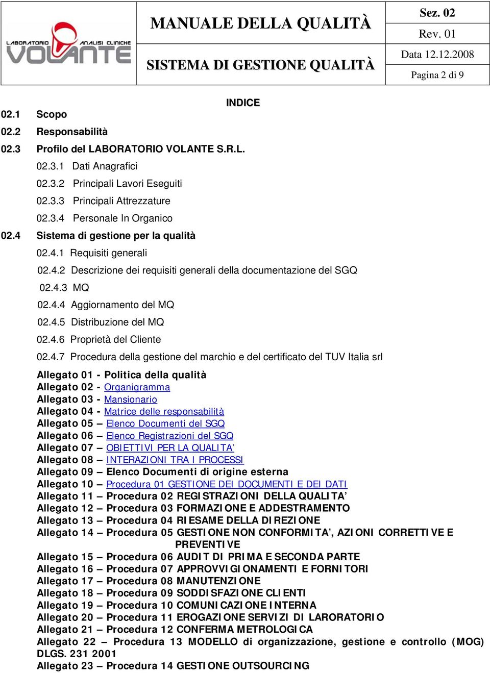 4.6 Proprietà del Cliente 02.4.7 Procedura della gestione del marchio e del certificato del TUV Italia srl Allegato 01 - Politica della qualità Allegato 02 - Organigramma Allegato 03 - Mansionario