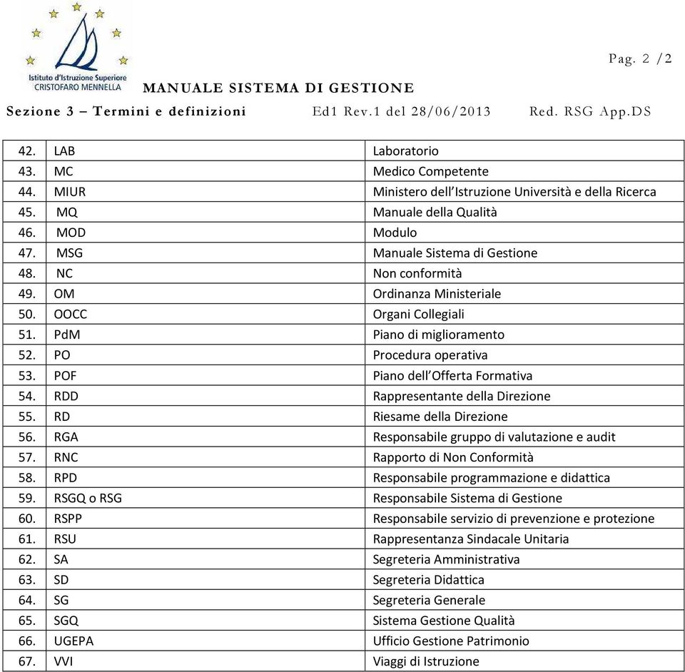 PO Procedura operativa 53. POF Piano dell Offerta Formativa 54. RDD Rappresentante della Direzione 55. RD Riesame della Direzione 56. RGA Responsabile gruppo di valutazione e audit 57.