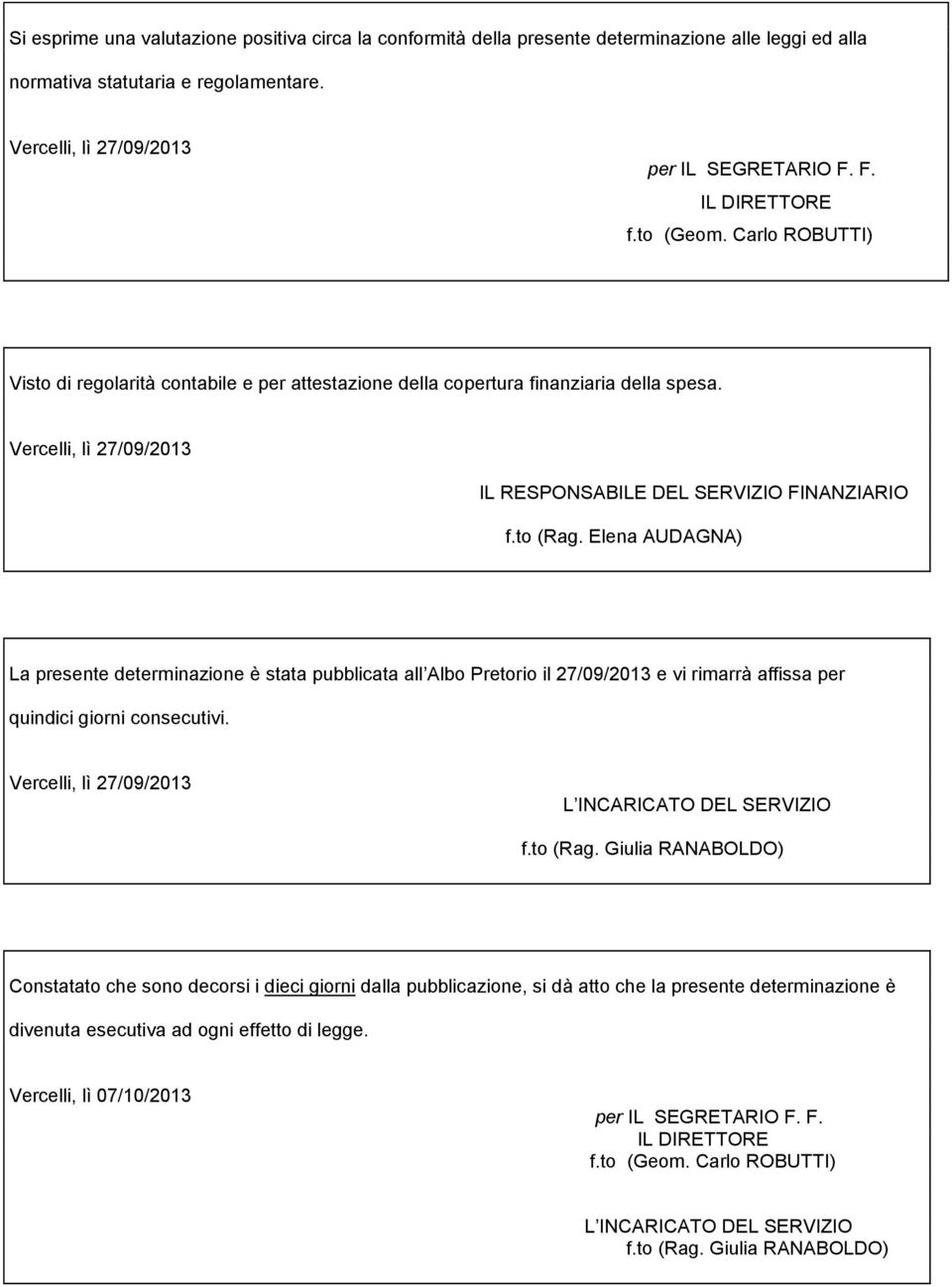 to (Rag. Elena AUDAGNA) La presente determinazione è stata pubblicata all Albo Pretorio il 27/09/2013 e vi rimarrà affissa per quindici giorni consecutivi.