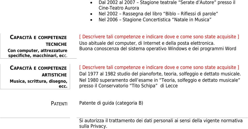 Buona conoscenza del sistema operativo Windows e dei programmi Word Dal 1977 al 1982 del pianoforte, teoria, solfeggio e dettato musicale.