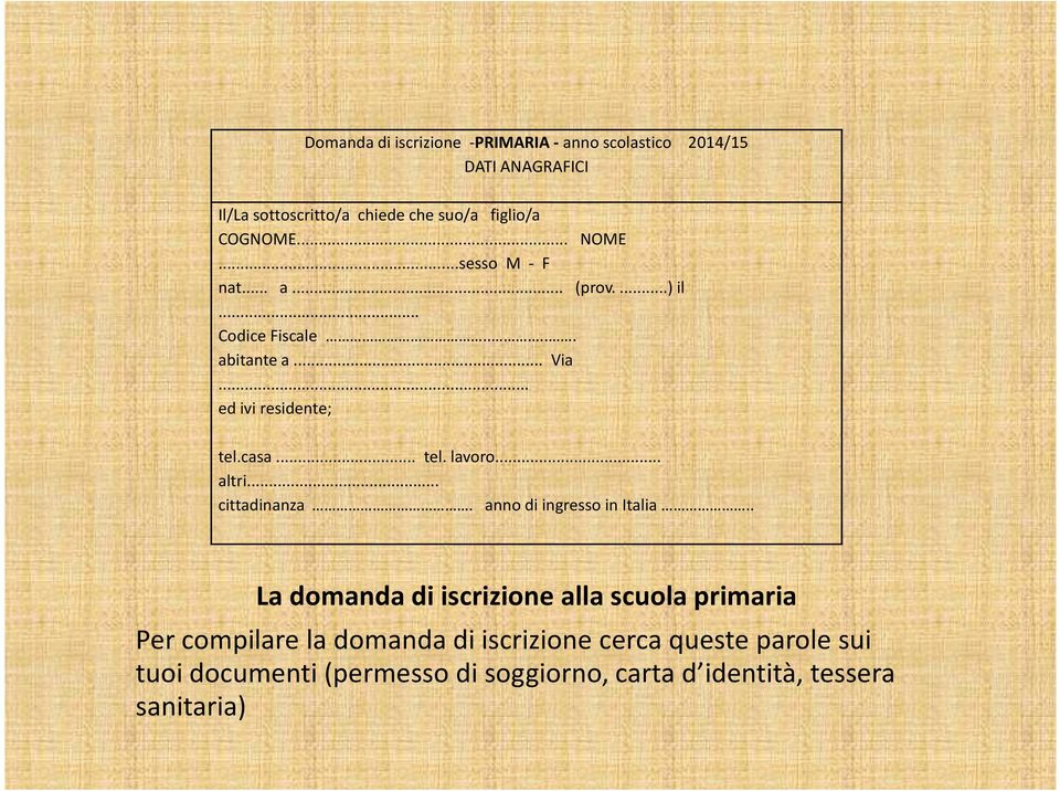 casa... tel. lavoro... altri... cittadinanza. anno di ingresso in Italia.