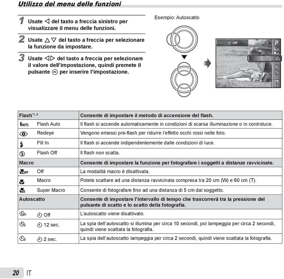 0 WB AUTO ISO AUTO 16M MENU Flash *1, 2 Consente di impostare il metodo di accensione del flash.