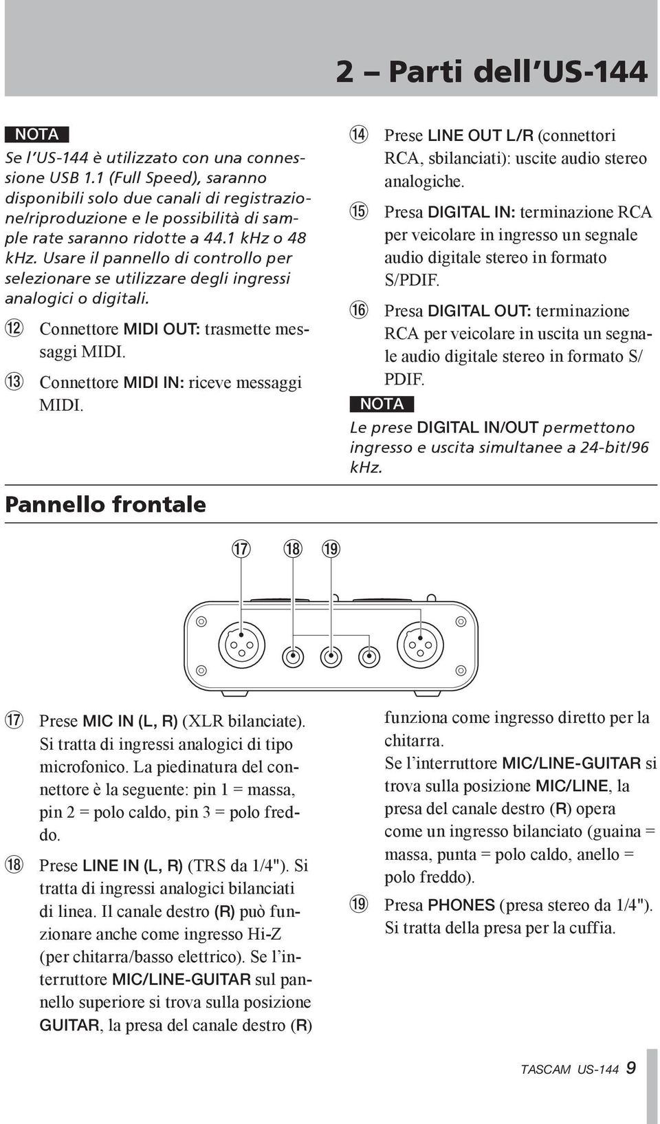 Usare il pannello di controllo per selezionare se utilizzare degli ingressi analogici o digitali. w Connettore MIDI OUT: trasmette messaggi MIDI. e Connettore MIDI IN: riceve messaggi MIDI.