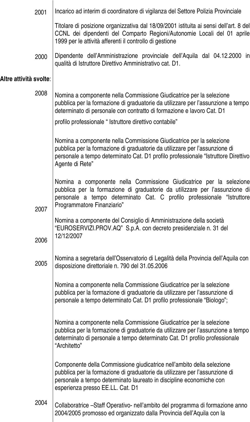 04.12.2000 in qualità di Istruttore Direttivo Amministrativo cat. D1.