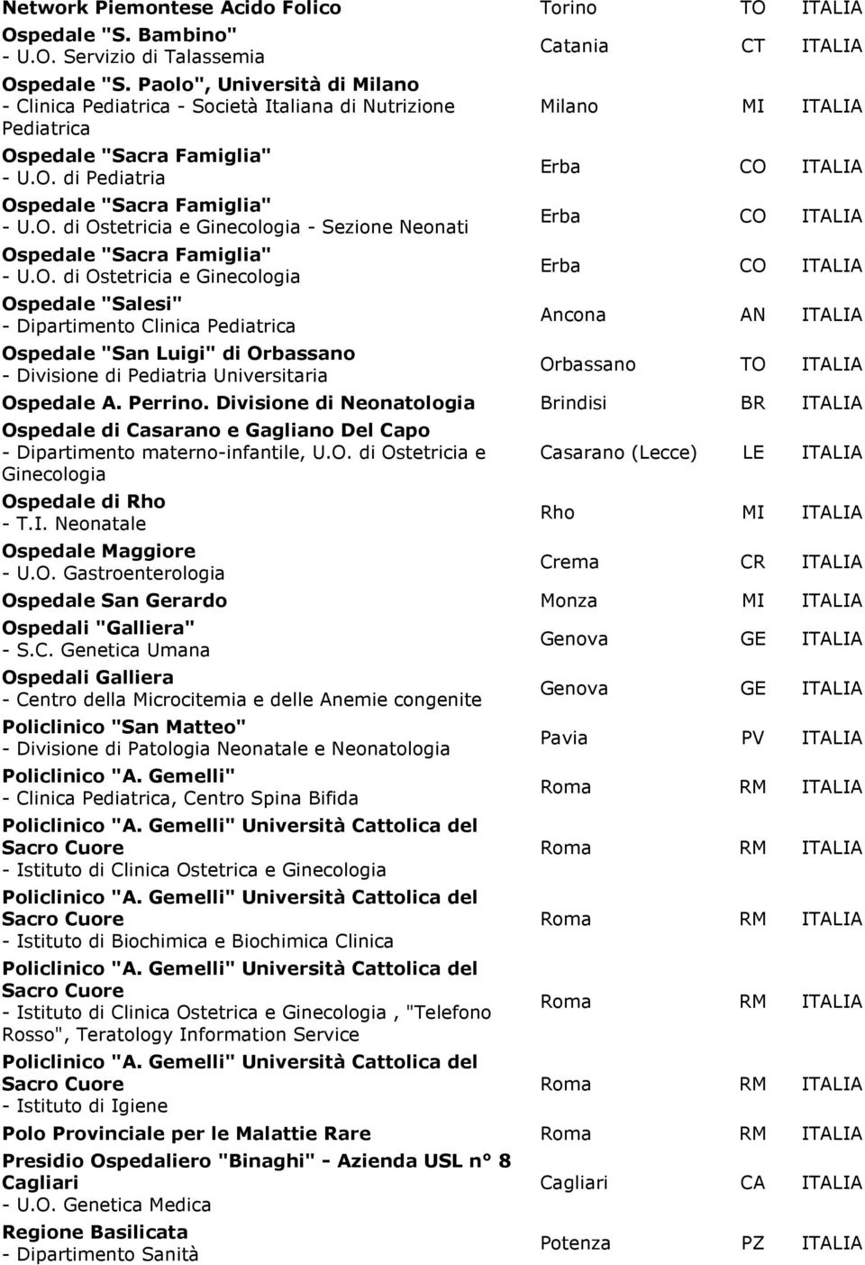 O. di Ostetricia e Ginecologia Ospedale "Salesi" - Dipartimento Clinica Pediatrica Ospedale "San Luigi" di Orbassano - Divisione di Pediatria Universitaria Catania CT ITALIA Erba CO ITALIA Erba CO