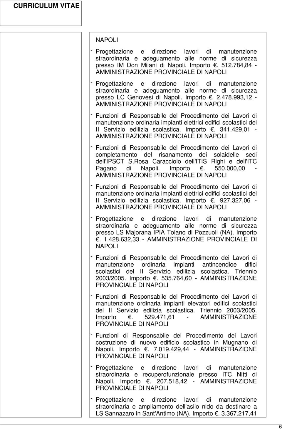 429,01 - AMMINISTRAZIONE PROVINCIALE DI completamento del risanamento dei solaidelle sedi dell'ipsct S.Rosa Caracciolo dell'itis Righi e dell'itc Pagano di Napoli. Importo. 550.