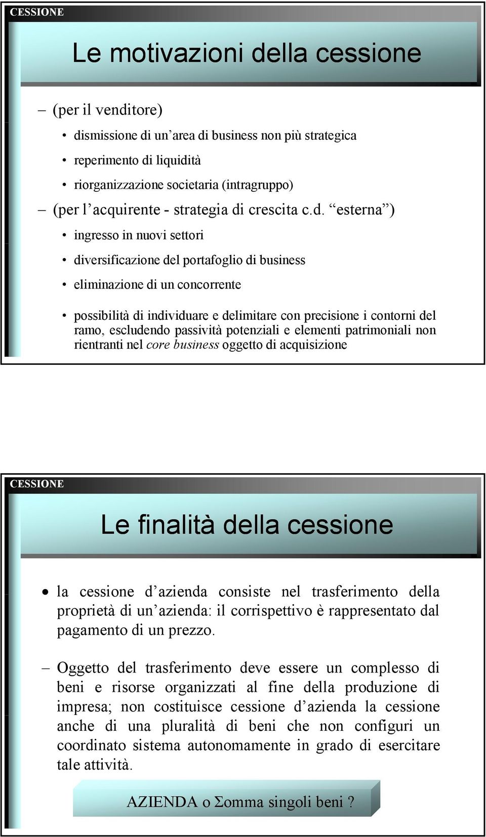 ramo, escludendo passività potenziali e elementi patrimoniali non rientranti nel core business oggetto di acquisizione Le finalità della cessione la cessione d azienda dazienda consiste nel