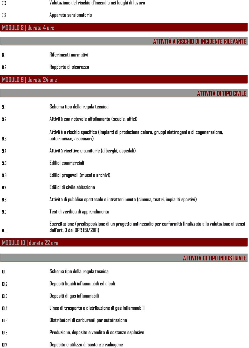 3 Attività a rischio specifico (impianti di produzione calore, gruppi elettrogeni e di cogenerazione, autorimesse, ascensori) 9.4 Attività ricettive e sanitarie (alberghi, ospedali) 9.