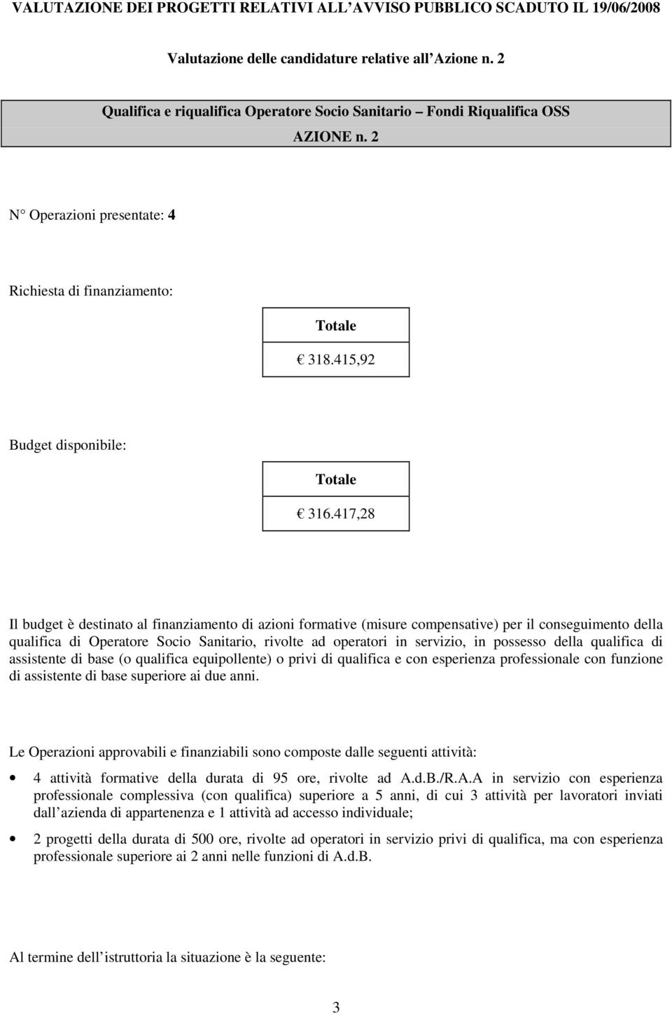 417,28 Il budget è destinato al finanziamento di azioni formative (misure compensative) per il conseguimento della qualifica di Operatore Socio Sanitario, rivolte ad operatori in servizio, in