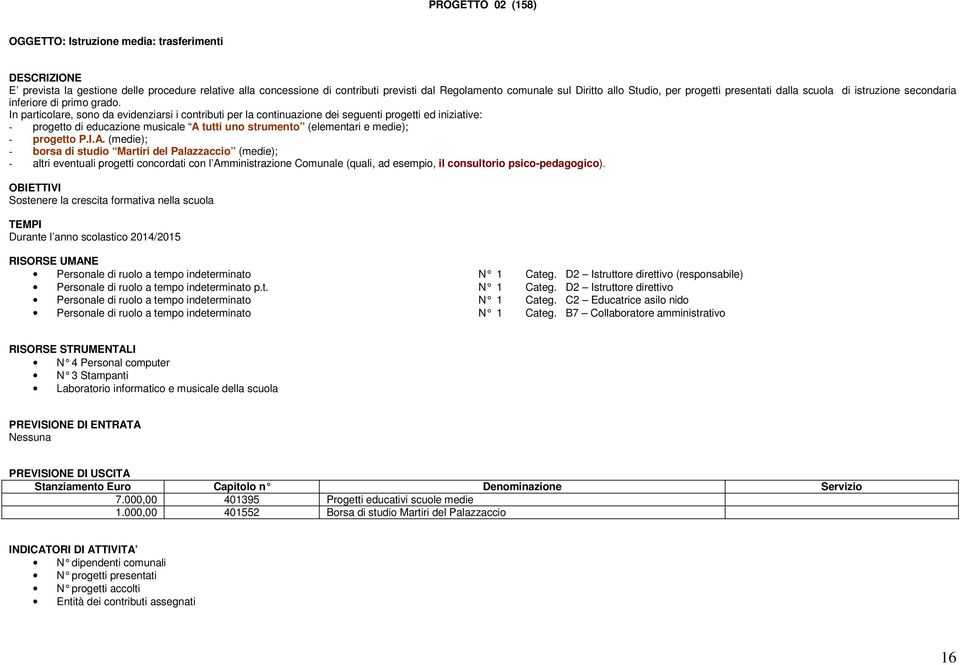 In particolare, sono da evidenziarsi i contributi per la continuazione dei seguenti progetti ed iniziative: - progetto di educazione musicale A tutti uno strumento (elementari e medie); - progetto P.