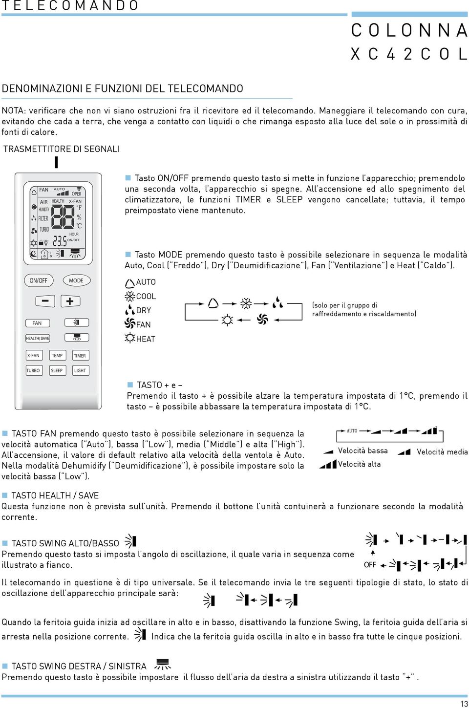 Trasmettitore di segnali FAN AUTO AIR HEALTH HUMIDITY FILTER TURBO OPER X-FAN HOUR ON/OFF Tasto ON/OFF premendo questo tasto si mette in funzione l apparecchio; premendolo una seconda volta, l