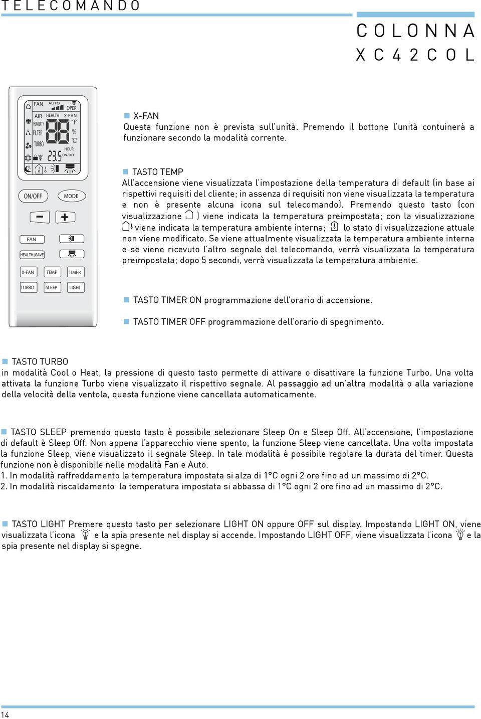 ON/OFF FAN X-FAN TURBO TEMP SLEEP MODE TIMER LIGHT Tasto TEMP All accensione viene visualizzata l impostazione della temperatura di default (in base ai rispettivi requisiti del cliente; in assenza di